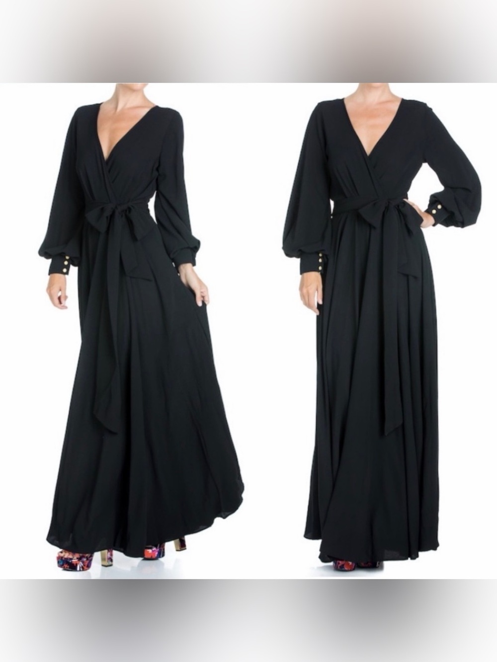 Meghan LA Lilypad Surplice V‑Neck Belted Long Sleeve Maxi Dress in Black